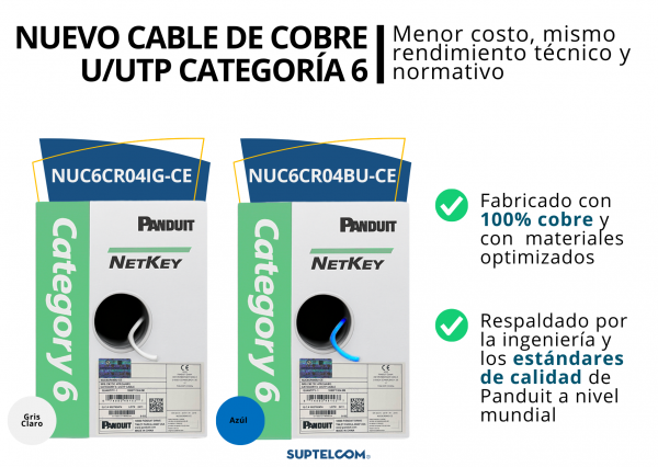 Cable UTP Cat6 Panduit NetKey – versión económica en colores azul y gris Bobina de cable Ethernet UTP Cat6 Panduit NetKey azul y gris