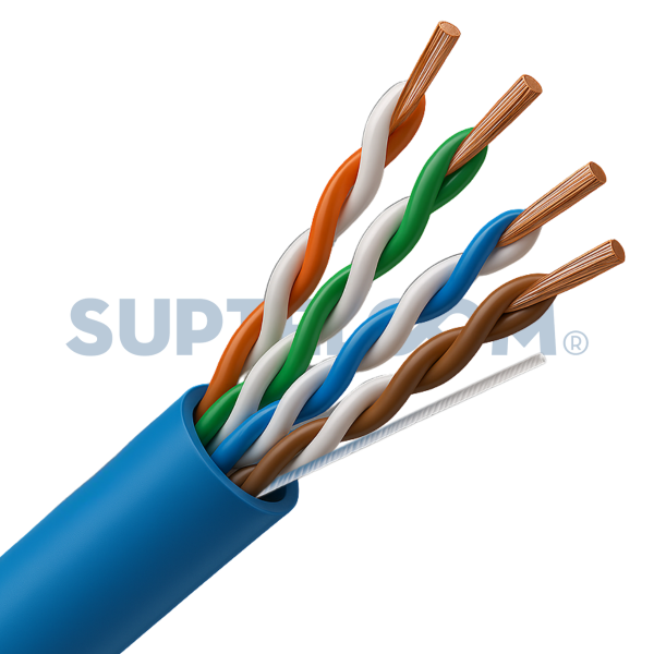 Composición interna del cable Ethernet UTP Cat6 Panduit NetKey – 100% cobre Vista detallada del interior del cable UTP Cat6 Panduit NetKey con conductores 100% cobre y recubrimiento azul